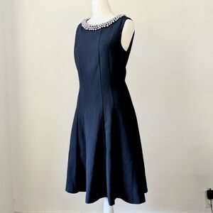 Karl Lagerfeld Navy Blue Sleeveless Crew Neckline Adorned With Pearls Midi Dress